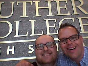 Thomas Fahlman and Austin Josephson at the high school where they met and became friends. (Submitted photo)