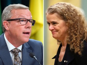 Saskatchewan Premier Brad Wall, left, says Governor General Julie Payette, right, should avoid denigrating or mocking faiths that believe in a creator