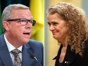 Saskatchewan Premier Brad Wall, left, says Gov. Gen. Julie Payette, right, should avoid denigrating or mocking faiths that believe in a creator