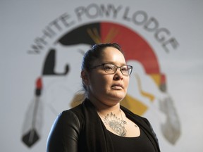 White Pony Lodge co-founder Shawna Oochoo stands in its office in Regina's North Central neighbhourhood.