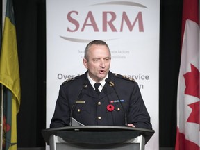 RCMP Assistant Commissioner Curtis Zablocki addresses the SARM mid-term convention on the issue of rural policing.  The convention is being held in the Conexus Arts Centre.