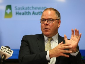 Saskatchewan Health Authority CEO Scott Livingstone speaks at the Saskatchewan Cancer Agency in Saskatoon on December 4, 2017 after the health authority's first board meeting.