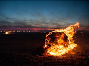 MOOSE JAW, SASK: Oct. 9, 2017 --  Bales burn in a field roughly 25 kilometres east of Moose Jaw along the Transcanada highway near Kalium Road. BRANDON HARDER/Regina Leader-Post