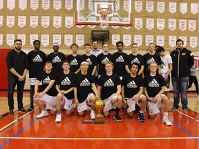 The Campbell Tartans pose with the trophy after winning the senior boys title at the Fekula Senior Classic basketball tournament Saturday at Balfour Collegiate.