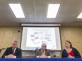 City manager Chris Holden, executive director, financial and corporate services Barry Lacey, and executive director of transportation and utility Karen Gasmo at a press conference at city hall. The city plans a two-per-cent utility rate increase for 2018.