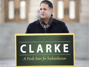 Former Sask. Party leadership candidate Rob Clarke in his one and only scrum in front of the Legislative Building.