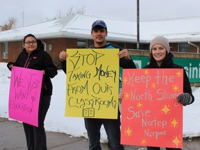 Northern Teacher Education Program (NORTEP) students rallied in La Ronge and Regina on in November 2016 protesting the government plans to change funding for the program. From left to right, students Lorna Clarke, Lyndon Cook and Kaila Larson carried signs in La Ronge.