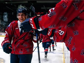 Matt Bradley, shown celebrating one of his team-high 22 goals, has been one of the Regina Pats' bright spots during the first half of the 2017-18 WHL season.