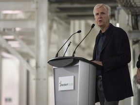 Film director James Cameron speaks during a funding announcement at Verdient Foods Inc. in Vanscoy on Monday, September 18, 2017. Verdient Foods plans to open a new pulse food processing facility with an investment from the Camerons.