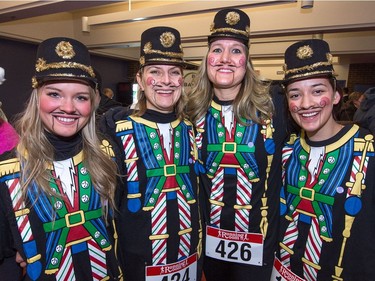 (From left) Lindsay Richardson, Elena Krueger, Tracy Faith and Kaitlin Sherven are all dressed as the "nutcracker" to participate in the Santa Shuffle walk/run event that started at the Conexus Arts Centre in Regina on Saturday, Dec. 2, 2017.