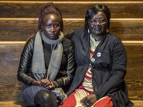 Awak Hussein Deng, left, and Agnes Wasuk are trying to raise awareness about the plight of women in South Sudan. They were in Regina on Saturday, Dec. 2, 2017.