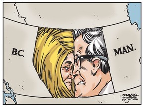 Provincial premiers Rachel Notley and Brad Wall butt heads in this Malcolm Mayes editorial cartoon.