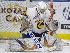 Nolan Maier, shown in this file photo, made 45 saves to backstop the Saskatoon Blades to a 4-3 overtime victory over the visiting Regina Pats on Saturday.