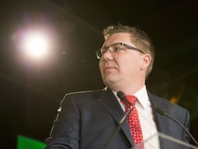 Premier-designate Scott Moe gives a speech after winning the Saskatchewan Party leadership during the party's leadership convention in Saskatoon on Sat., Jan. 27, 2018.