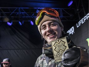 Mark McMorris is shown on the podium after men's snowboard Slopestyle at the X Games in Aspen, Colo., on Saturday.