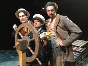 Jeff Irving (left), Crystal Chaitan and Stephen Gartner star in Globe Theatre's Around the World in 80 Days.