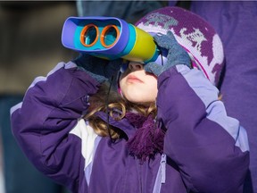 Emmelyn Mazer peers through her binoculars while bird watching in Wascana Park.