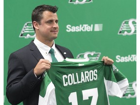 REGINA, SASK : January 9, 2018 - Recently sign Saskatchewan Roughriders quarterback Zach Collaros holds up his team jersey while speaking at a press conference at Mosaic Stadium. MICHAEL BELL / Regina Leader-Post.