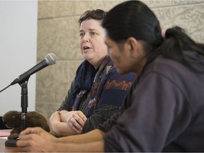 Michelle Stewart, left, Prescott Demas talk about the ongoing action of Colonialism No More at the Regina Public Interest Research Group (RPIRG) Apathy Into Action conference at the University of Regina. Demas was among those who set up camp outside of the Indigenous and Northern Affairs Canada (INAC) office in Regina for four months in 2016. Stewart is a U of R justice studies associate professor.
