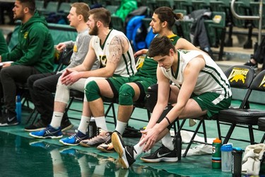 The University of Regina Cougars Conal McAinish (#2), right, seen here during a game against the Thompson Rivers University Wolfpack on Jan. 13, 2017.