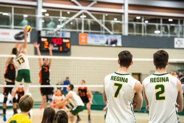 The University of Regina Cougars Conal McAinish, right, and Matthew Aubrey look on during a game against the Thompson Rivers University Wolfpack on Jan. 13, 2017.