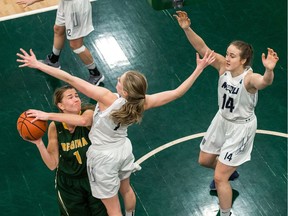 The University of Regina Cougars' Charlotte Kot, left, reached the 1,000-point milestone on the weekend.