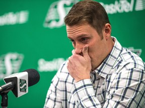 Veteran CFL Receiver Chris Getzlaf chokes up as he announces his retirement from football at Mosaic Stadium.