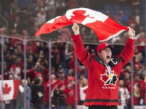 Canada forward Dillon Dubé (9) reacts after winning the gold medal against Sweden in gold medal final IIHF World Junior Championships hockey action in Buffalo, N.Y., on Friday, January 5, 2018.