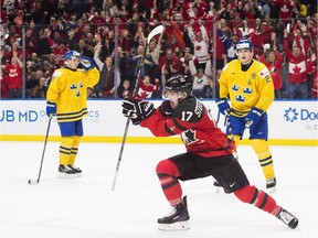 Canada's Tyler Steenbergen, a member of the WHL's Swift Current Broncos, celebrates the game-winning goal against Sweden on Friday at the world junior hockey championship.