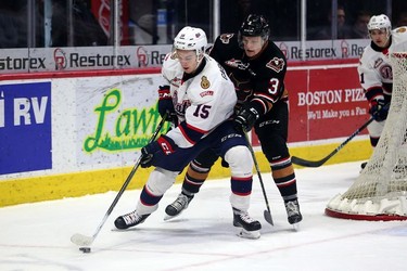 The Regina Pats' Jesse Gabrielle, 15, is shown Jan. 13, 2018 against the Calgary Hitmen. Keith Hershmiller/Hershmiller Photography.