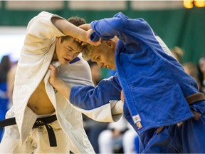 REGINA, SASK: Jan. 27, 2018 -- Joel Demaere, left, grapples with his opponent Finn Schroder during the Judo Saskatchewan 2018 Sask Open held at the Sportsplex Fieldhouse on Elphinstone Street. BRANDON HARDER/Regina Leader-Post