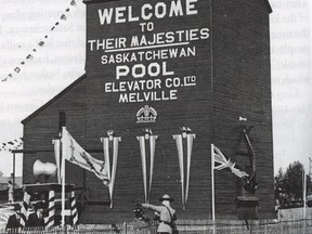 The Melville Sask Pool elevator was painted in honour of the 1939 royal visit (PROVINCIAL ARCHIVES OF SASKATCHEWAN RA-15061) (for Saskatoon StarPhoenix History Matters column, Jan. 30, 2018)