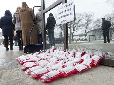 Blood bags are displayed in front of the Canadian Blood Services Regina office.