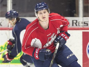 Regina Pats defenceman Jonas Harkins runs drills during a recent practice at the Brandt Centre.