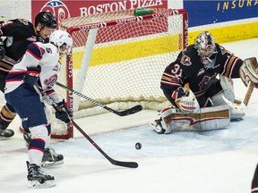 Josh Mahura of the Regina Pats nets a second-period goal against the Calgary Hitmen at the Brandt Centre on Saturday.