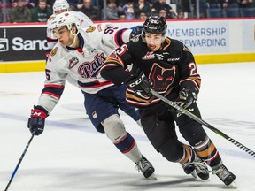 The Regina Pats' Liam Schioler battles with Cael Zimmerman of the Calgary Hitmen during WHL action at the Brandt Centre on Saturday.