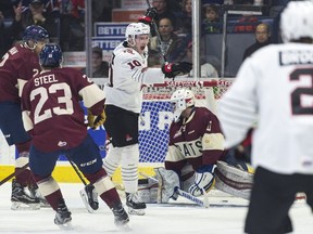 The Moose Jaw Warriors' Tanner Jeannot celebrates a goal against the Regina Pats on Friday.