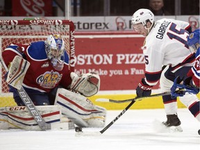 Edmonton Oil Kings goalie Josh Dechaine stops a shot by the Regina Pats' Jesse Gabrielle in WHL action at the Brandt Centre on Wednesday.