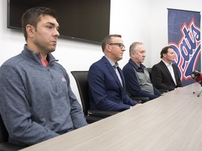 Regina Pats assistant coach Brad Herauf, from left, team president Todd Lumbard, GM and head coach John Paddock and assistant coach and assistant GM Dave Struch were at an announcement extending the coaching staff contracts by at least 3 more years.