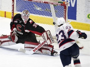 Prince George Cougars goalie Taylor Gauthier tries to slide over and make a save on a shot by the Regina Pats' Sam Steel on Wednesday at the Brandt Centre.