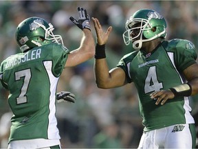 Former Saskatchewan Roughriders stars Weston Dressler, left, and Darian Durant have been reunited with the Winnipeg Blue Bombers.