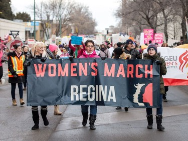 The Women's March Regina gets underway as participants walk down McIntyre Street on Jan. 20, 2018.