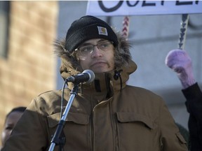Mylan Tootoosis speaks at a rally for the Bouchie family at the Court of Queen's Bench in Kindersley, SK on Saturday, February 10, 2018.