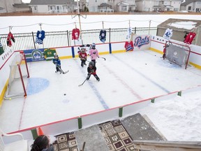 Randy Durovick's grandchildren play hockey on his elaborate backyard hockey rink at his home.