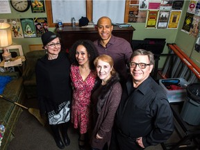 The cast and director of the play Best of Enemies pose for a group portrait backstage at the Artesian. Behind is Matt Dominguez. In front from left, Amanda Schenstead (director), Nicole Hicks-Wedge, Bonnie Senger and John Chaput.