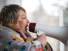Vice-Chief Heather Bear addresses protesters outside of Regina's Queen's Bench Court the day after Gerald Stanley was acquitted of all charges relating to the shooting death of Colten Boushie.