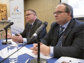 City Manager Chris Holden, left, and Executive Director Financial and Corporate Services Barry Lacey talk about the 2018 city budget at City Hall in Regina in this file photo. They're already busy laying the groundwork for next year's plan.