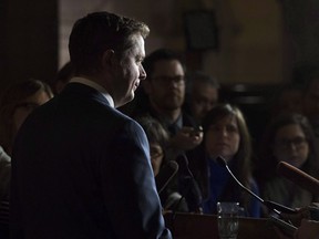 Leader of the Opposition Andrew Scheer speaks with the media following Question Period on Parliament Hill in Ottawa on January 31, 2018. The president of the federal Conservatives says the party is reviewing all internal policies in the wake of sexual misconduct allegation against former MPs. Scott Lamb says that's on top of a promised third-party investigation into how one, Rick Dykstra, remained a candidate in 2015 despite senior party officials knowing he'd been accused of sexual assault. Party leader Andrew Scheer ordered an external investigation after high-ranking party staff disclosed they'd discussed removing Dykstra from the ballot but decided against it.