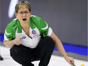 Sherry Anderson, shown curling at the 2018 Scotties Tournament of Hearts, won the provincial senior women's curling championship on Sunday.