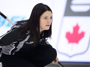Wild Card team skip Kerri Einarson delivers the rock while taking on Ontario at the Scotties Tournament of Hearts in Penticton, B.C., on Thursday, Feb. 01, 2018.